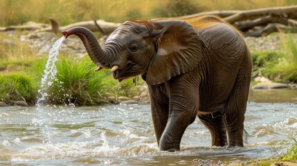 Fototapeta premium The elephant kneeling in a shallow river, using its trunk to scoop water and spray it onto its sides, creating a joyful splash.