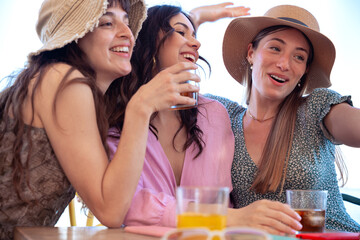 Smiling friends having lunch celebrating with drinks at friends dinner in restaurant