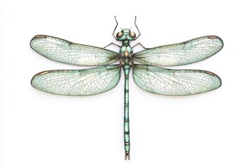 A delicate paper art watercolor of a vintage cute dragonfly near a pond with sunlight filtering through is isolate on white background with copy space