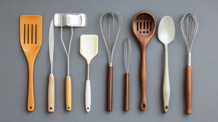 Kitchen Utensils on Grey Background
