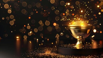 A golden trophy is on top of a black pedestal