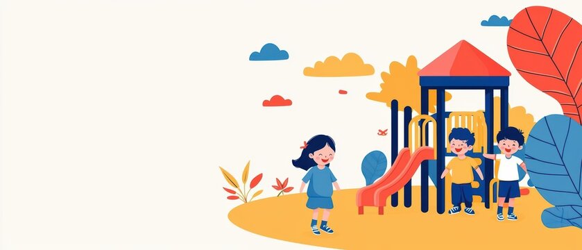 A group of kids is laughing and playing hide and seek in a colorful playground banner with copy space