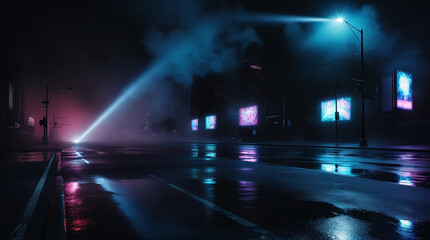 Dark and moody urban night scene with deserted streetscape,