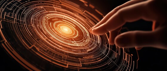 A hand reaches out to interact with an advanced holographic security shield