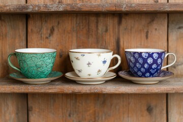 Fototapeta premium Vintage ceramic teacups on wooden shelf