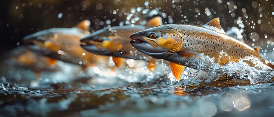 School of salmon swimming upstream, water splashes, dynamic shot