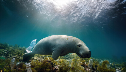 Obraz premium Manatee marine conservation concept cleanliness from plastic waste