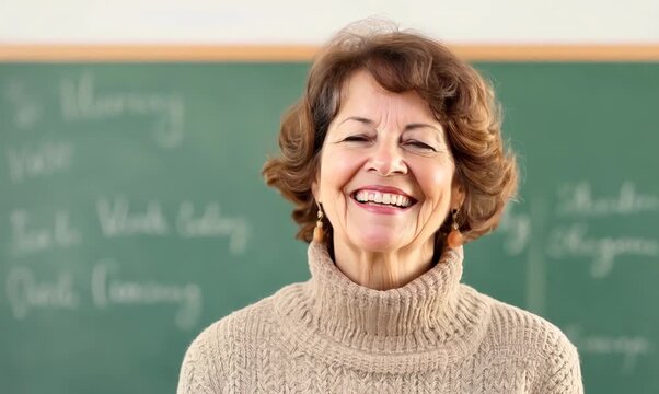 Medium shot portrait video of a pleased woman in her 40s wearing a cozy sweater against a classroom or educational setting background