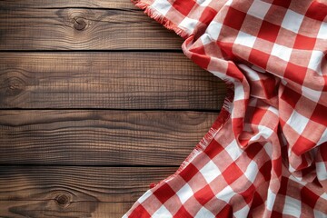 Obraz premium Red and white checkered tablecloth on a dark wood table background copy space