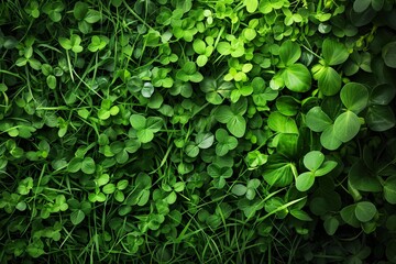 Green clover leaves background with heart-shaped leaves, top view. St. Patrick s Day backdrop