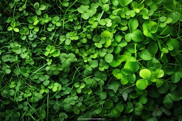 Fototapeta premium Green clover leaves background with heart-shaped leaves, top view. St. Patrick s Day backdrop