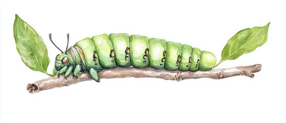Naklejka premium A luxury watercolor of a sweet little caterpillar crawling on a branch with sunlight filtering through is isolate on white background with copy space