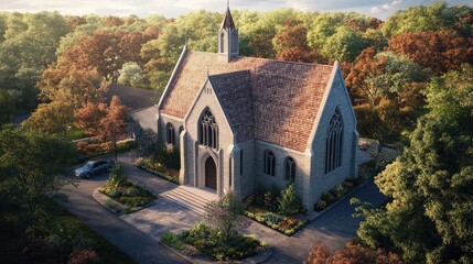 3D architectural rendering of a church design, highlighting floor plan, roof tiles, and landscape with trees.