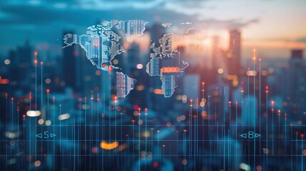 Fototapeta premium Abstract double exposure colorful business graph with a city in the background