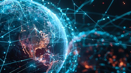 Digital depiction of interconnected world with glowing globe lines and nodes for representing global network connections communication data flow and technological unity concept.