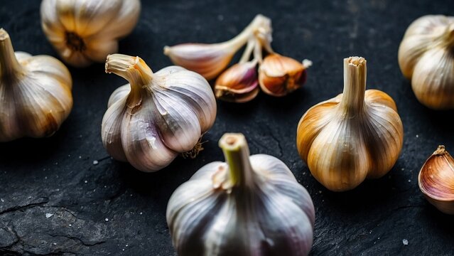 garlic and cloves on dark stone background