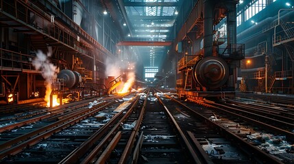 interior view of a steel mill with molten metal and machinery operating on a railway track.