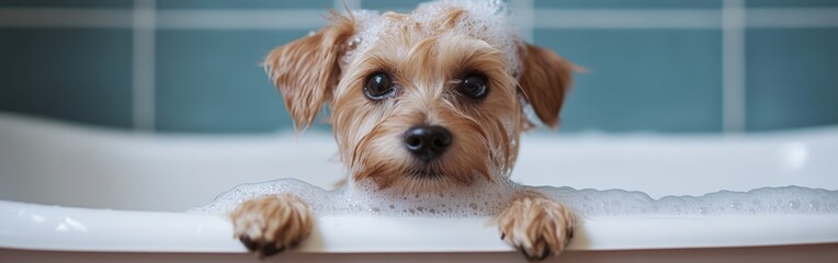 Cheerful Dog in a Bubble Bath with a Sunny Window View