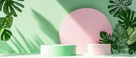 A whimsical display of pastelcolored podiums with curved backdrops and lush green leaves