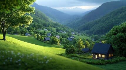 Fototapeta premium A serene valley landscape with lush greenery, mountains in the background, and a cozy house illuminated at twilight.