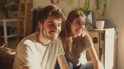 Naklejka premium Young Couple is laughing together in a sunny living room. The man is wearing a white T-shirt and the woman is wearing a gray T-shirt and blue jeans.