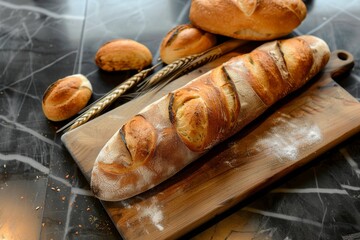 Bakery background with assorted breads and wheat on a dark table, top view. Freshly baked goods arranged for product presentation with copy space on black surface, perfect for baking concepts.