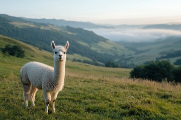 Fototapeta premium Curious llama standing in a scenic mountain landscape