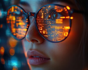 Double exposure of a person wearing glasses and digital charts