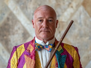 Fototapeta premium Colorful dressed man holding a wooden staff