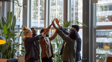 Diverse team of colleagues celebrating success with high five in modern office setting symbolizing teamwork, collaboration, and achievement