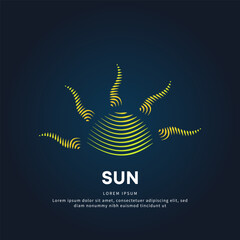 simple logo Sun Illustration in a linear style. Abstract line art Yellow sun solar energy Logotype concept icon. Vector logo sunshine, sun rays color silhouette on a dark background. EPS 10