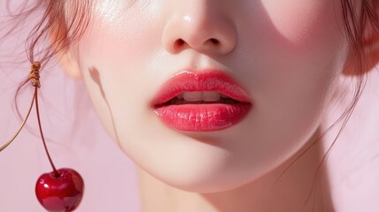 Beautiful Young woman with Gloss red lips and cherry on dark background,closeup face lady in studio background,smooth and glow skin. Natural beauty, healthy and girl or female with makeup.