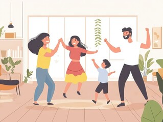 Fototapeta premium Parents dancing in the living room with their children, heartwarming family, relationships and joy