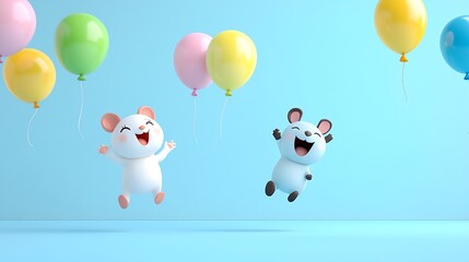 Naklejka premium Two cheerful cartoon mice jump joyfully with colorful balloons against a bright blue background, perfect for celebrations.