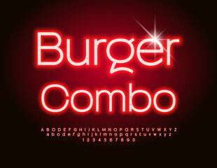 Vector glowing banner Burger Combo. Trendy Electric Font. Neon Red Alphabet Letters and Numbers set.