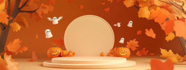 3d layout Halloween scene with product podium on orange background. Pumpkins stage with display podium. Autumn 3d design template for banner, advertisement mockup for Halloween or Thanksgiving 