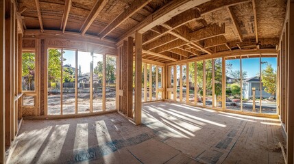 Fototapeta premium Sunbeams Through Windows of a New Home Under Construction