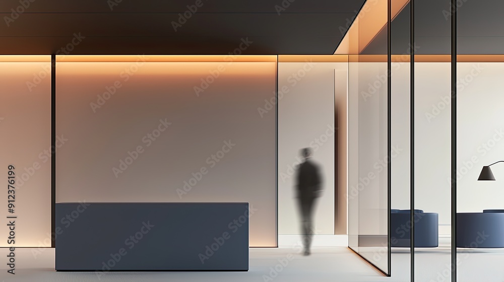 Wall mural Interior of modern office with white walls, concrete floor, gray reception desk and long corridor with glass doors