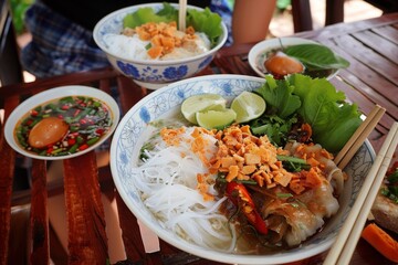 Vietnamese Noodles with Fresh Vegetables in a Traditional Bowl, Close-Up Food Photography