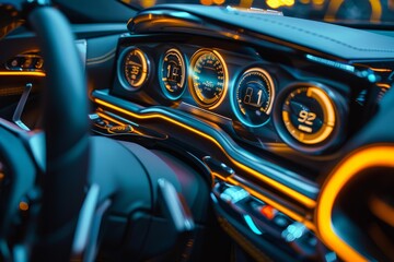 Interior of modern car glowing at night showing the dashboard, speedometer, fuel gauge and interior lights
