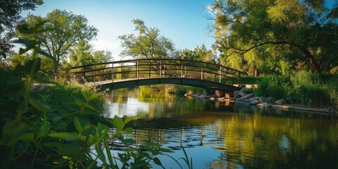 Bridge over river in public park under blue sky surrounded by green plants captured with wide angle lens