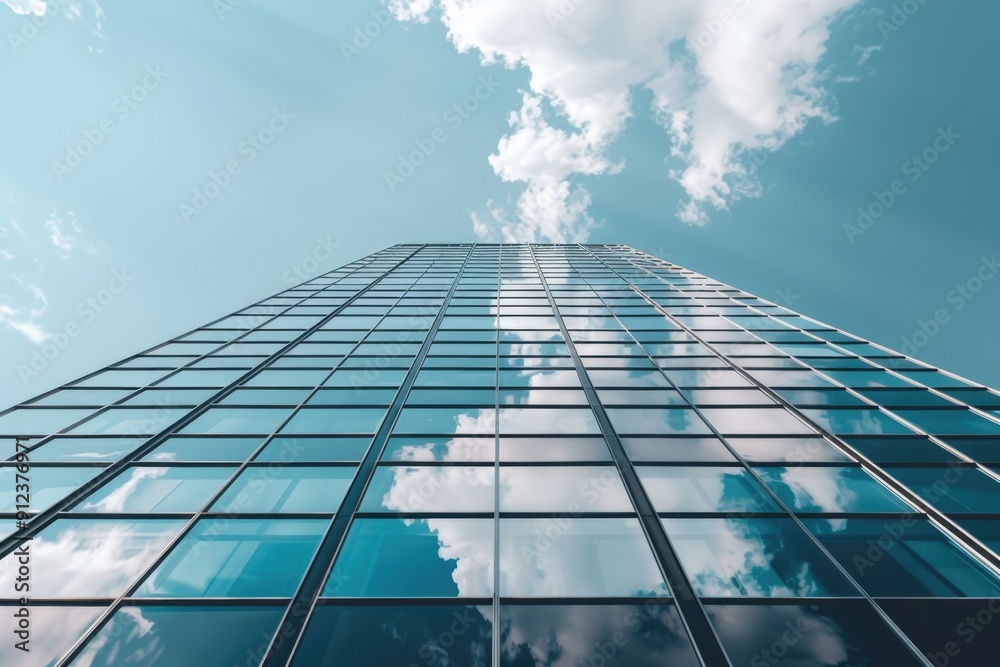 Poster high-rise building with transparent walls and blue-gray clouds in the background
