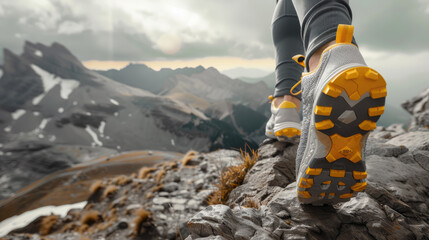 Adventurous hiker wearing yellow sneakers on a rugged trail