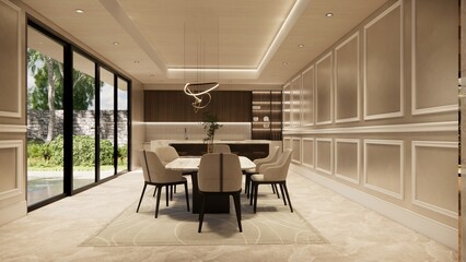 Modern house luxury  living and kitchen room interior .white and wood material.bedroom and walkin closet . 3d rendering.