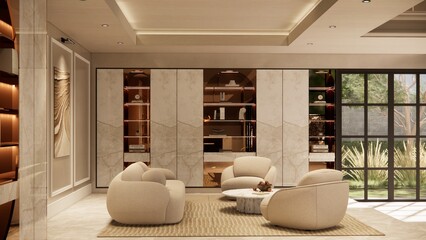 Modern house luxury  living and kitchen room interior .white and wood material.bedroom and walkin closet . 3d rendering.