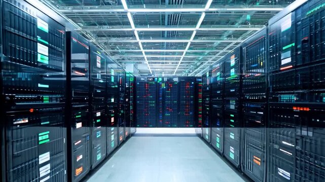 A modern data center showcases numerous servers organized in rows under bright overhead lights.
