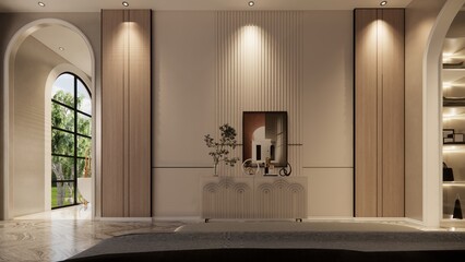 Modern house luxury  living and kitchen room interior .white and wood material.bedroom and walkin closet . 3d rendering.