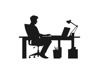 Man working on a laptop with office table desk. Good use for symbols, logos, icons, mascots, signs, or any design you want.