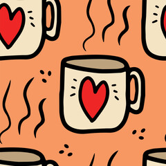 Autumn seamless vector pattern with mug of tea. Simple doodle style