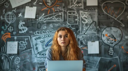 Young woman sits in front of a chalkboard covered in drawings and doodles, deep in thought. She is holding a laptop, suggesting she is working on a project or brainstorming ideas.